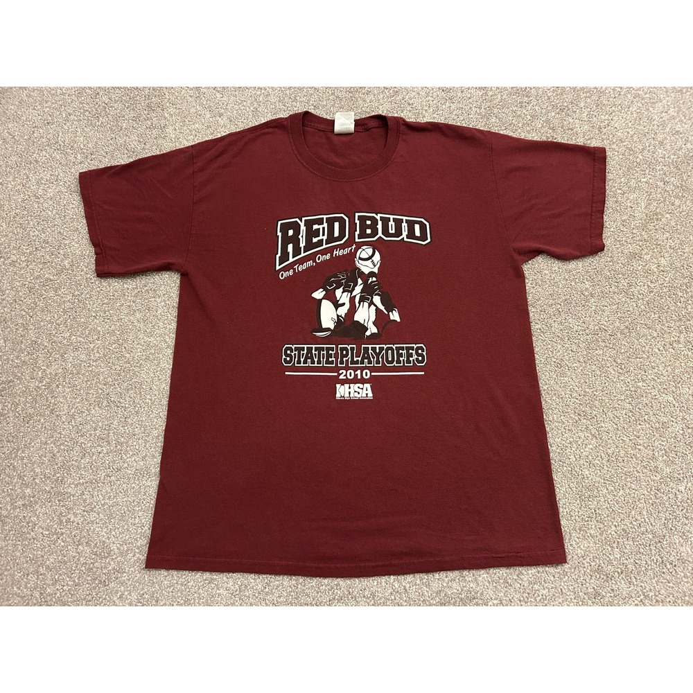 Y2K 2010s Red Bud Musketeers T-Shirt Mens L Maroon Excellent 2010 State Playoffs